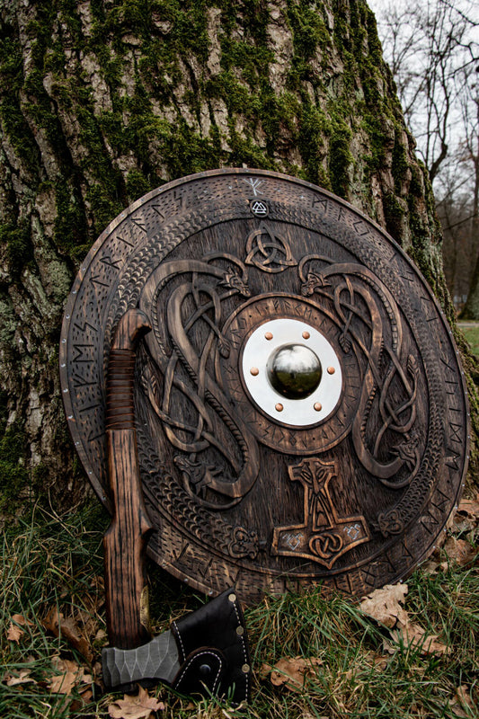 Viking shield with carved Norse Runic