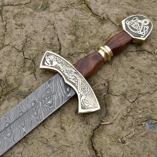 Warriors Battle Cry Damascus Steel Carolingian Viking Sword - Hand Forged Historical Replica Norse Inspired Sword with Leather Sheath