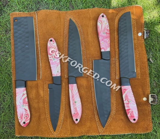 HandMade Chef Knife Set with Unique Marbled Pink Handles