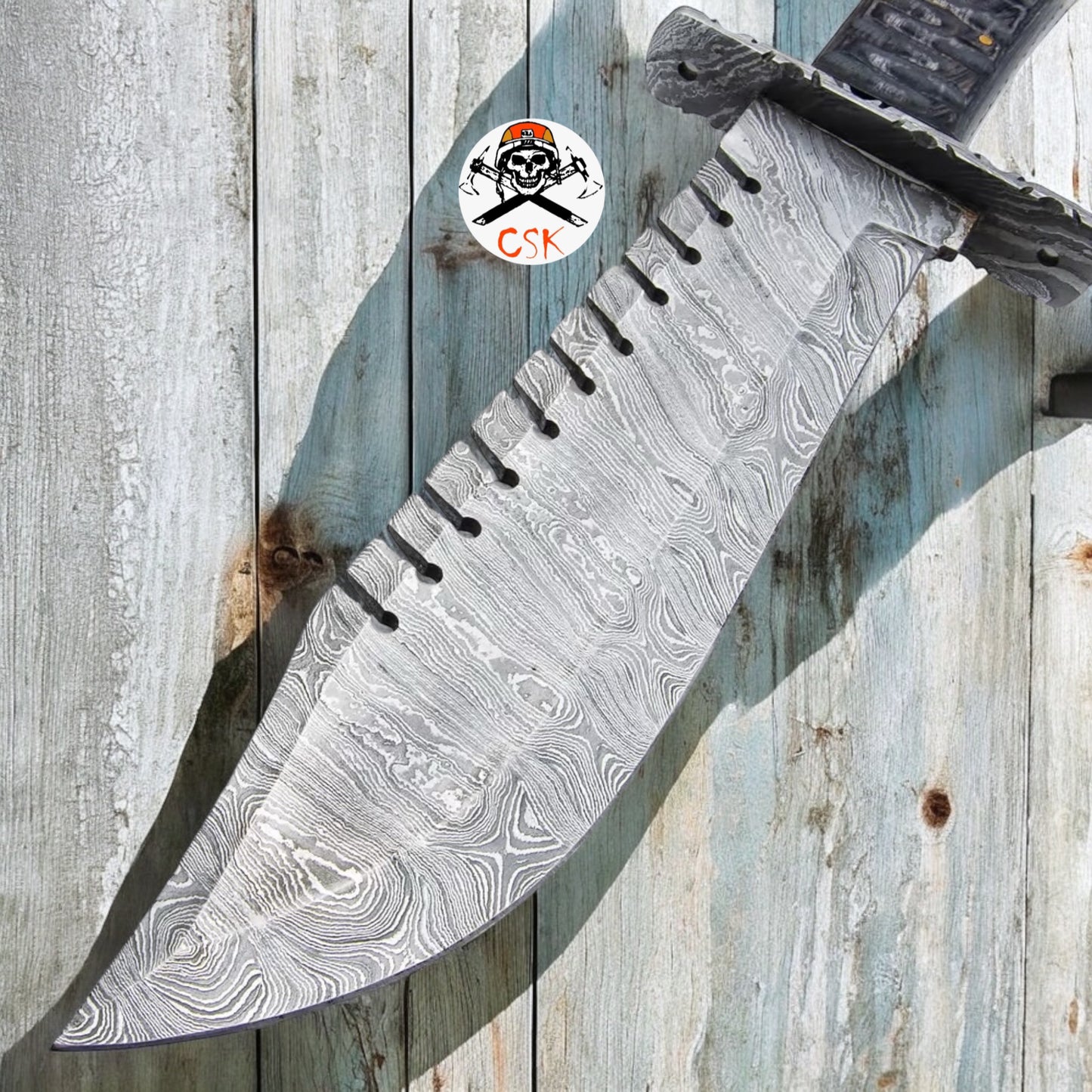 Timber Wolf Shark Back Knife And Sheath - Damascus Steel Blade, Wooden Handle, Lanyard Hole - Length 15