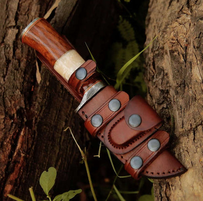 ELITE DAMASCUS HUNTING KNIFE WITH MOTHER OF PEARL & ROSE WOOD HANDLE