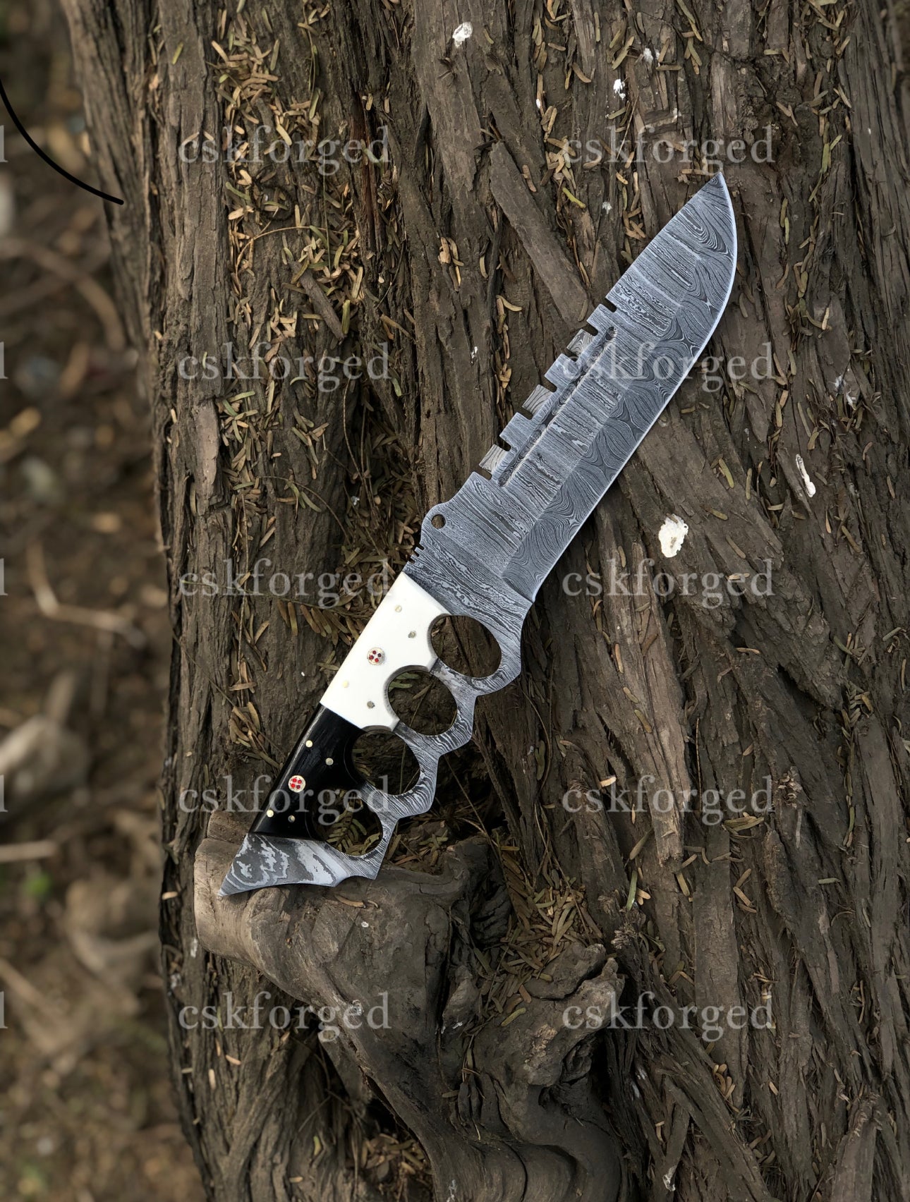 Black & White Edition Damascus Tactical Knuckle Camping Knife with Full Tang handle