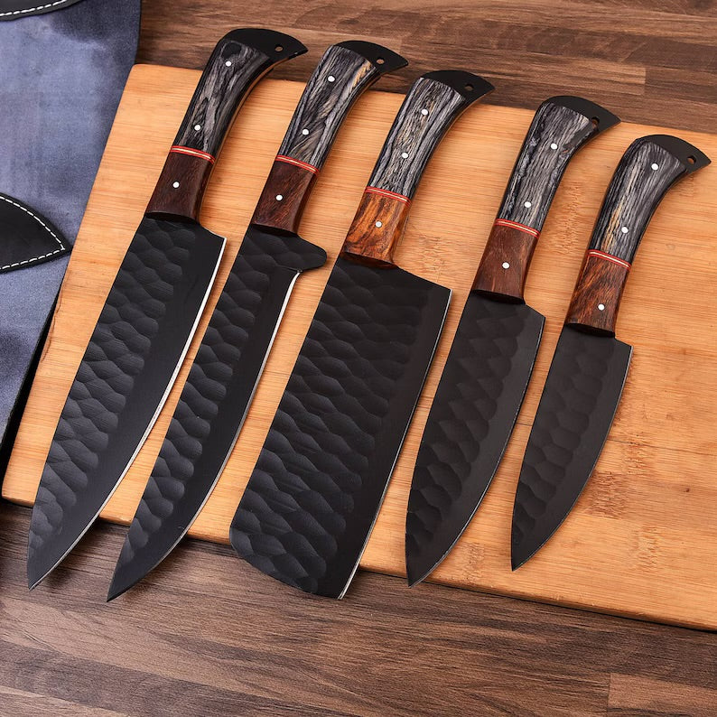 Hand Forged Damascus steel chef set of 5 knives Kitchen knife Gift for her Christmas gift Camping knife Gift for him Groomsmen gift