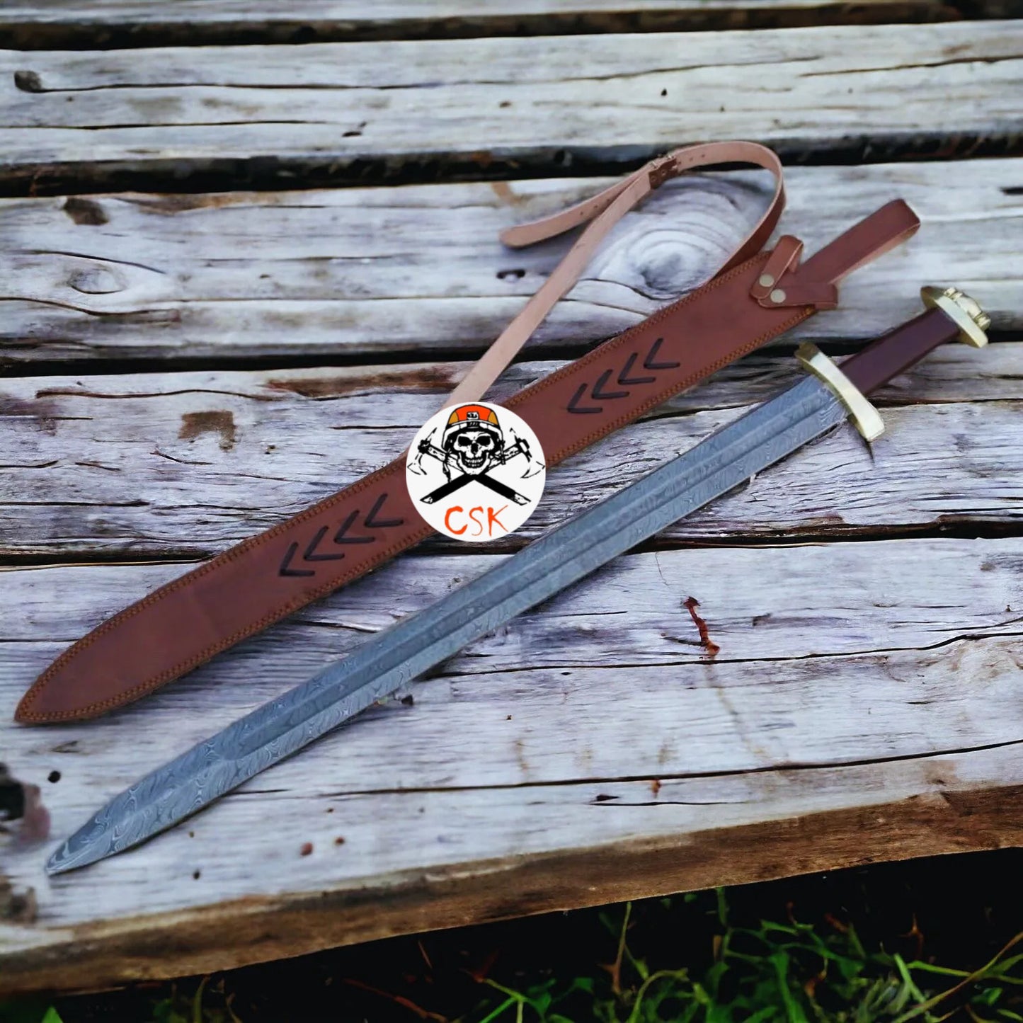 Custom Damascus Viking Sword With Brass Pummel & Guard