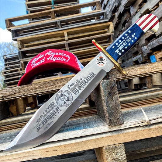 Trump Knife And Sheath - Stainless Steel Blade, Wooden Handle Scales, Brass Guard - Length 16”