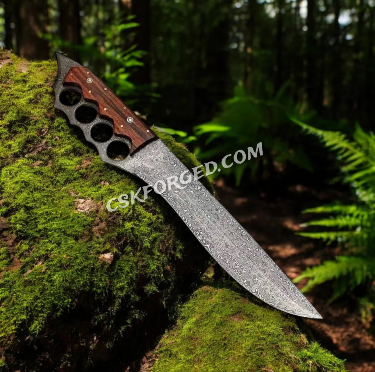 Custom Handmade Damascus Steel Knuckle Knife with Rosewood Handle – 15" with Leather Sheath