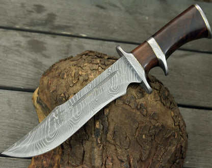 RAIDER PERSONALIZED DAMASCUS STEEL Camping KNIFE WITH EXOTIC ROSE WOOD HANDLE & SHEATH