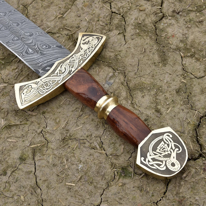 Warriors Battle Cry Damascus Steel Carolingian Viking Sword - Hand Forged Historical Replica Norse Inspired Sword with Leather Sheath