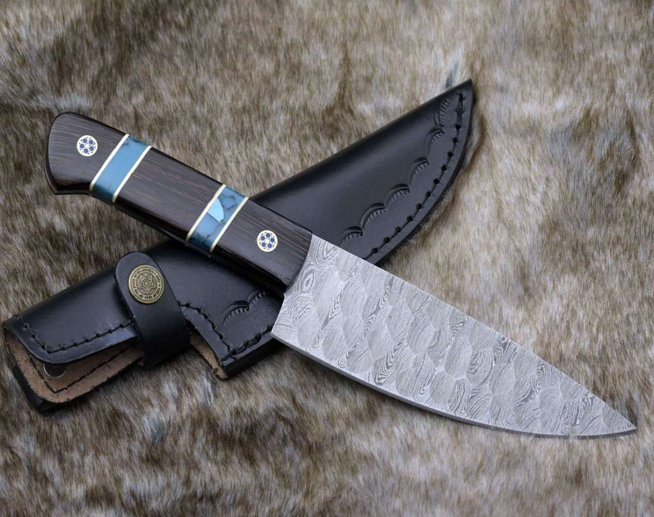 Crystal Damascus Chef's Knife with Exotic Wenge Wood & Turquoise Handle