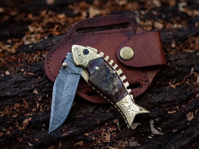 Damascus Steel Blade Fish Shape Pocket Folding knife