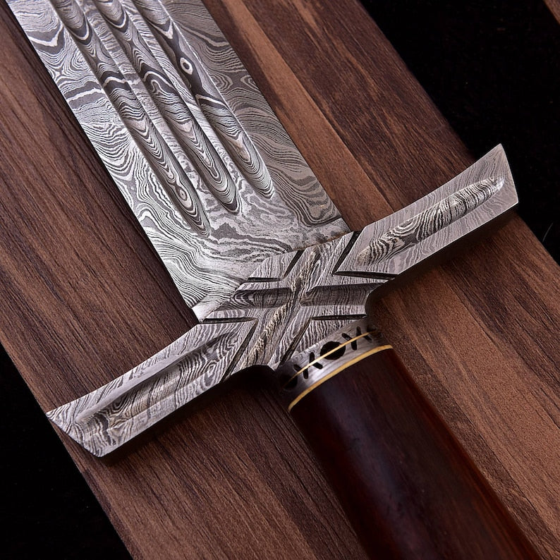 Damascus Sword with Leather Sheath (Leather Handle)Custom Handmade 39 Inches Leather Handle Sword