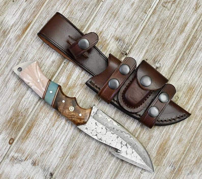 DAMASCUS EVOKE HOOK KNIFE, Rose Wood & TURQUOISE HANDLE