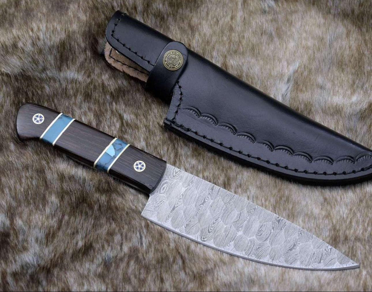 Crystal Damascus Chef's Knife with Exotic Wenge Wood & Turquoise Handle