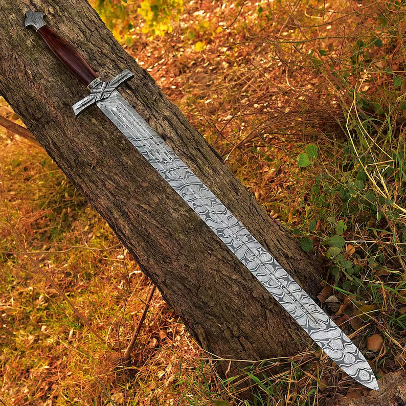 Damascus Sword with Leather Sheath (Leather Handle)Custom Handmade 39 Inches Leather Handle Sword