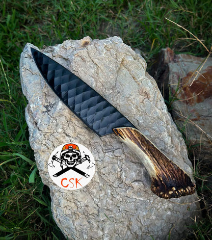 Handcrafted High carbon Steel Knife with Antler Handle – Razor-Sharp, Patterned Blade for Precision Edge