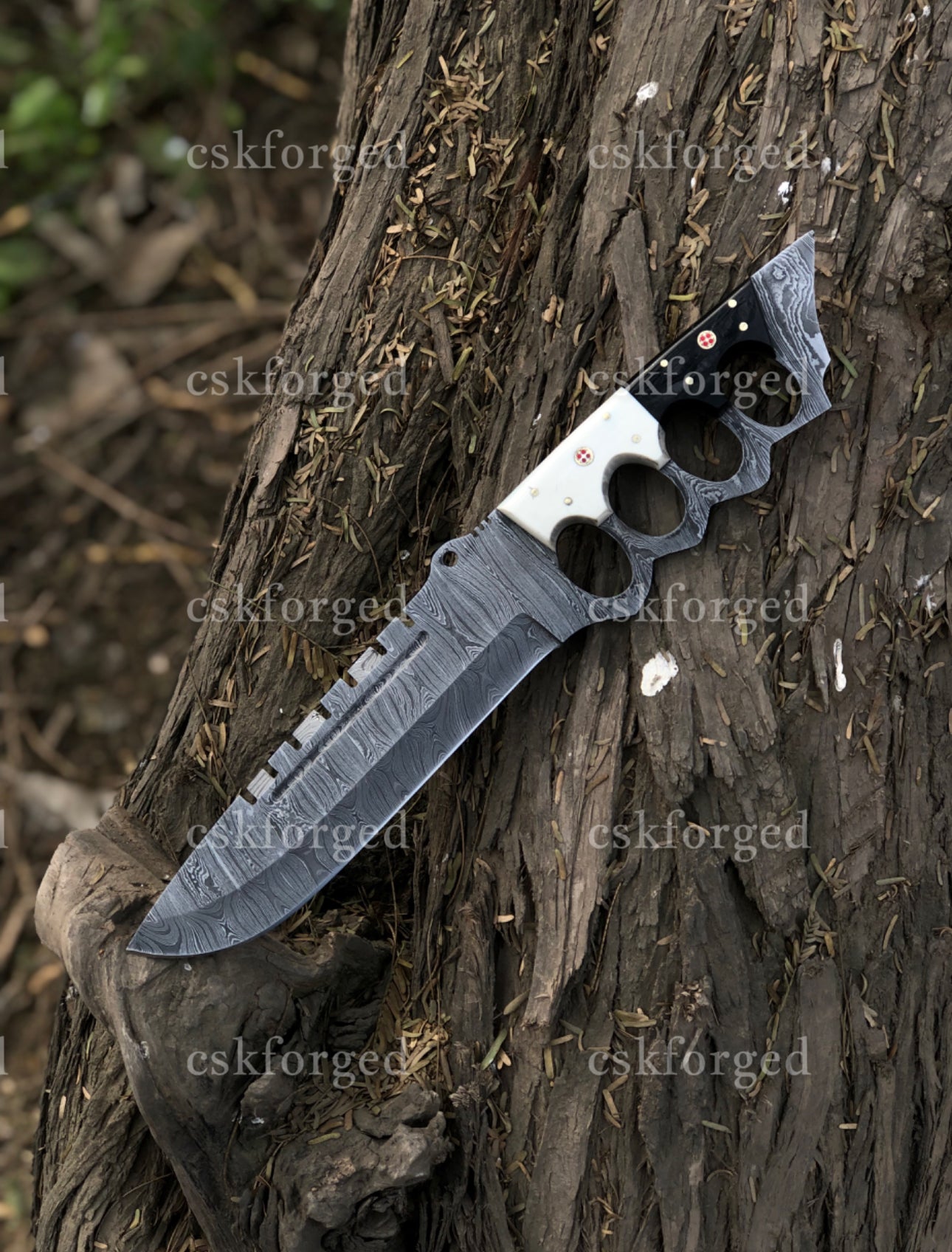 Black & White Edition Damascus Tactical Knuckle Camping Knife with Full Tang handle