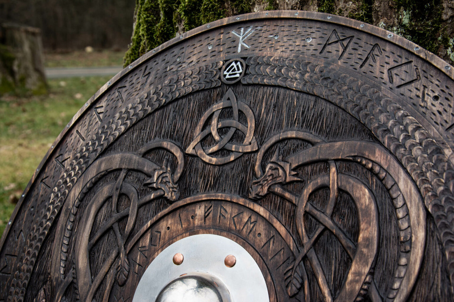 Viking shield with carved Norse Runic