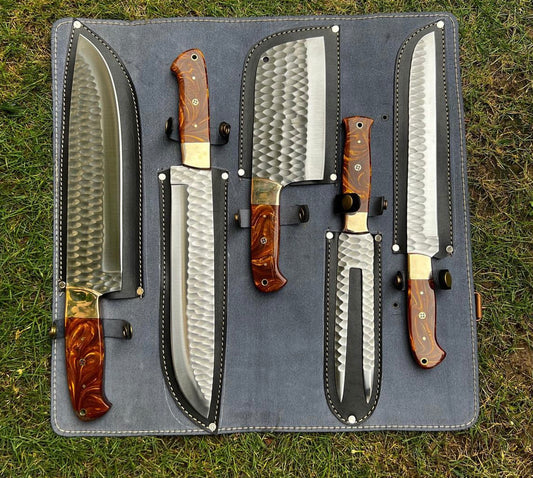 5 pieces Hand Forged kitchen chef knives & Fork set