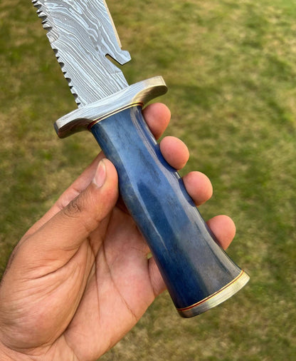 Custom Handmade Damascus Hunting Camping Knife with Stained Bone,Damascus Guard and Pommel Handle