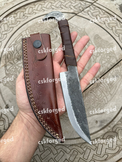 Viking Knife With Raven's Head Hilt & Leather Sheath - 5.5" Carbon Steel Sharp blade - Utility and Hunting Knife