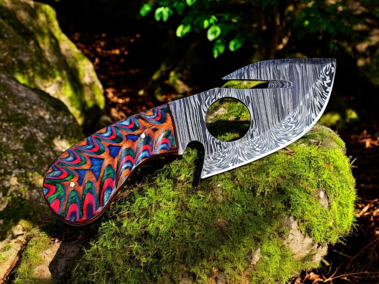 Skinning Knife – 7.25" Damascus Steel Blade with Exotic Color Wood Handle