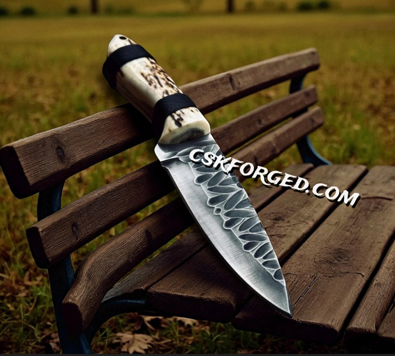 Handmade High Carbon Steel Hunting Knife | Antler Handle & Stone Textured Blade