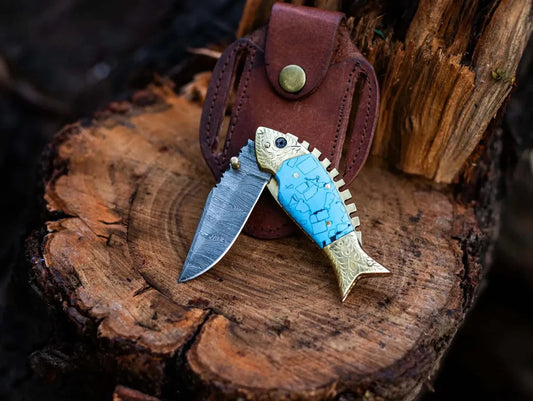 Damascus Steel Blade Fish Shape Pocket Folding knife