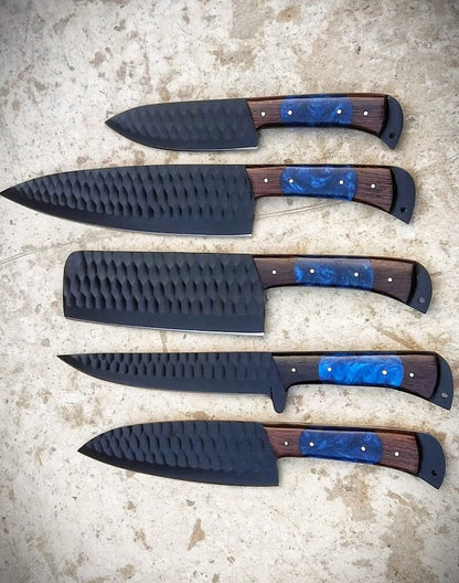 Hand Forged D2 Steel Chef Knife Set Black Powder Coated - 5-Piece Kitchen & BBQ Knives, Gifts for Him and Her, Perfect Set Of Chef Knives