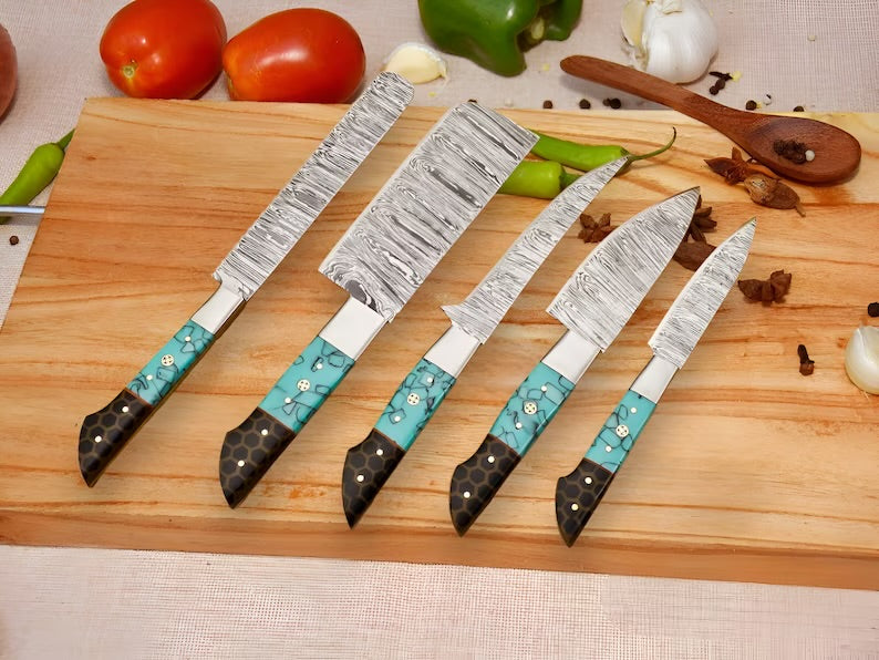 Handmade Damascus Chef Knife Set 5pcs Gift for Her Gift for Him Kitchen knife  Christmas gift Camping knife Gift for him Groomsmen gift