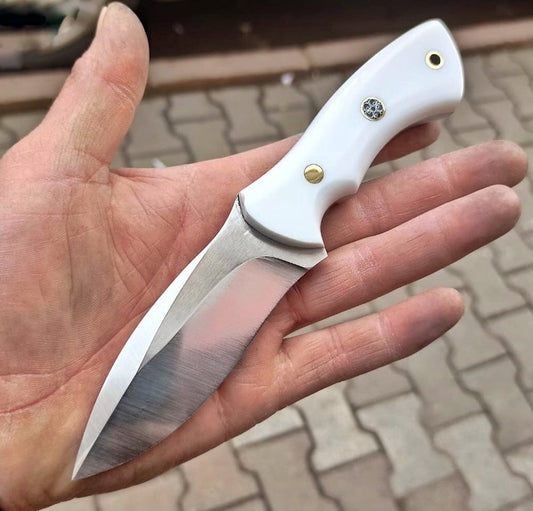 Hunting Knife 1095 Carbon Steel and White Corian Handle -Blacksmith Made Camping Knife - Bushcraft Knife - Survival Knife with Sheath