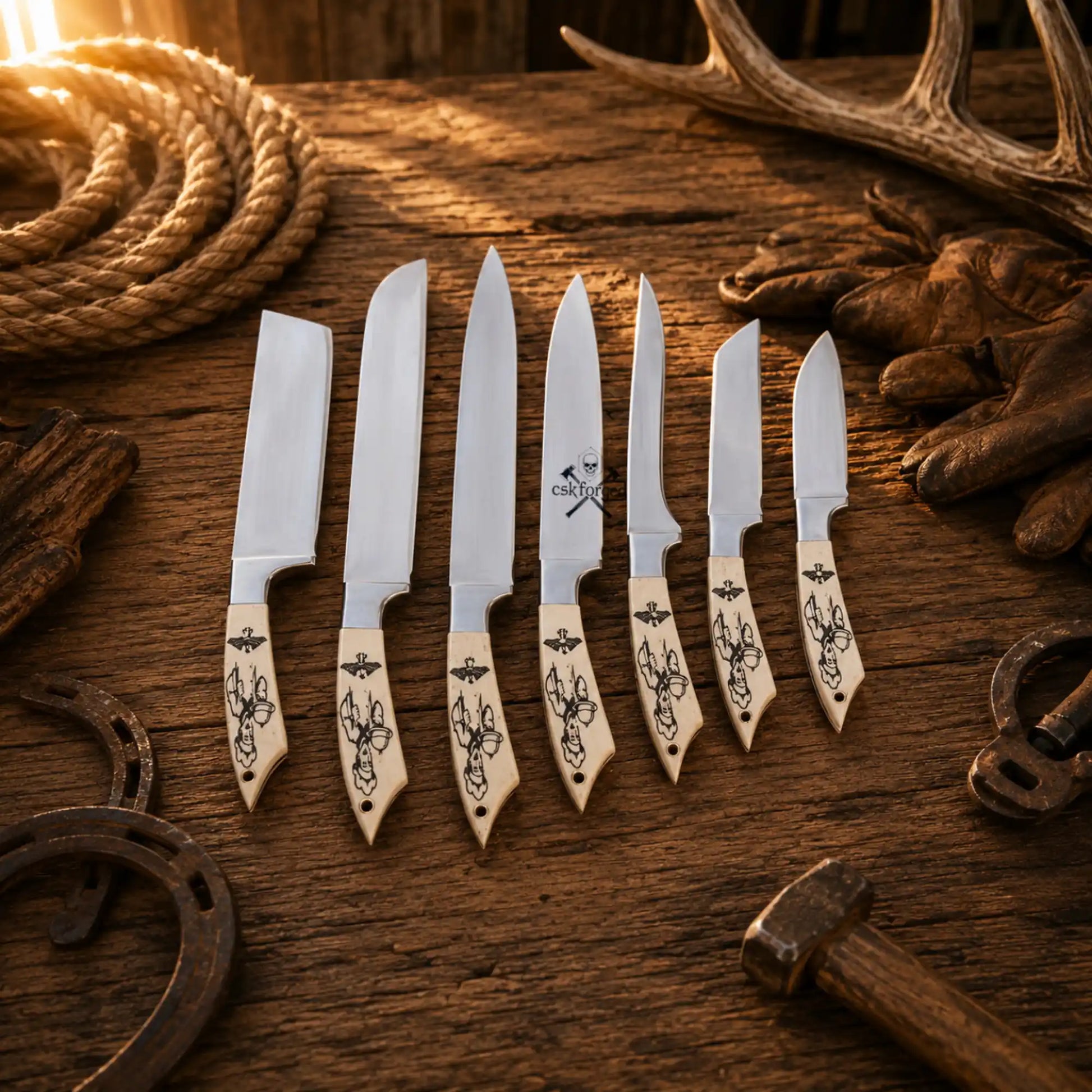 Premium D2 kitchen knife collection featuring engraved camel bone handles by CSKFORGED.