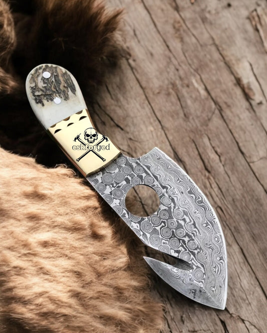 Damascus Hook Hunter Knife Antler Grip Edition