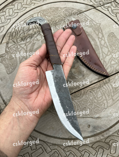 Viking Knife With Raven's Head Hilt & Leather Sheath - 5.5" Carbon Steel Sharp blade - Utility and Hunting Knife