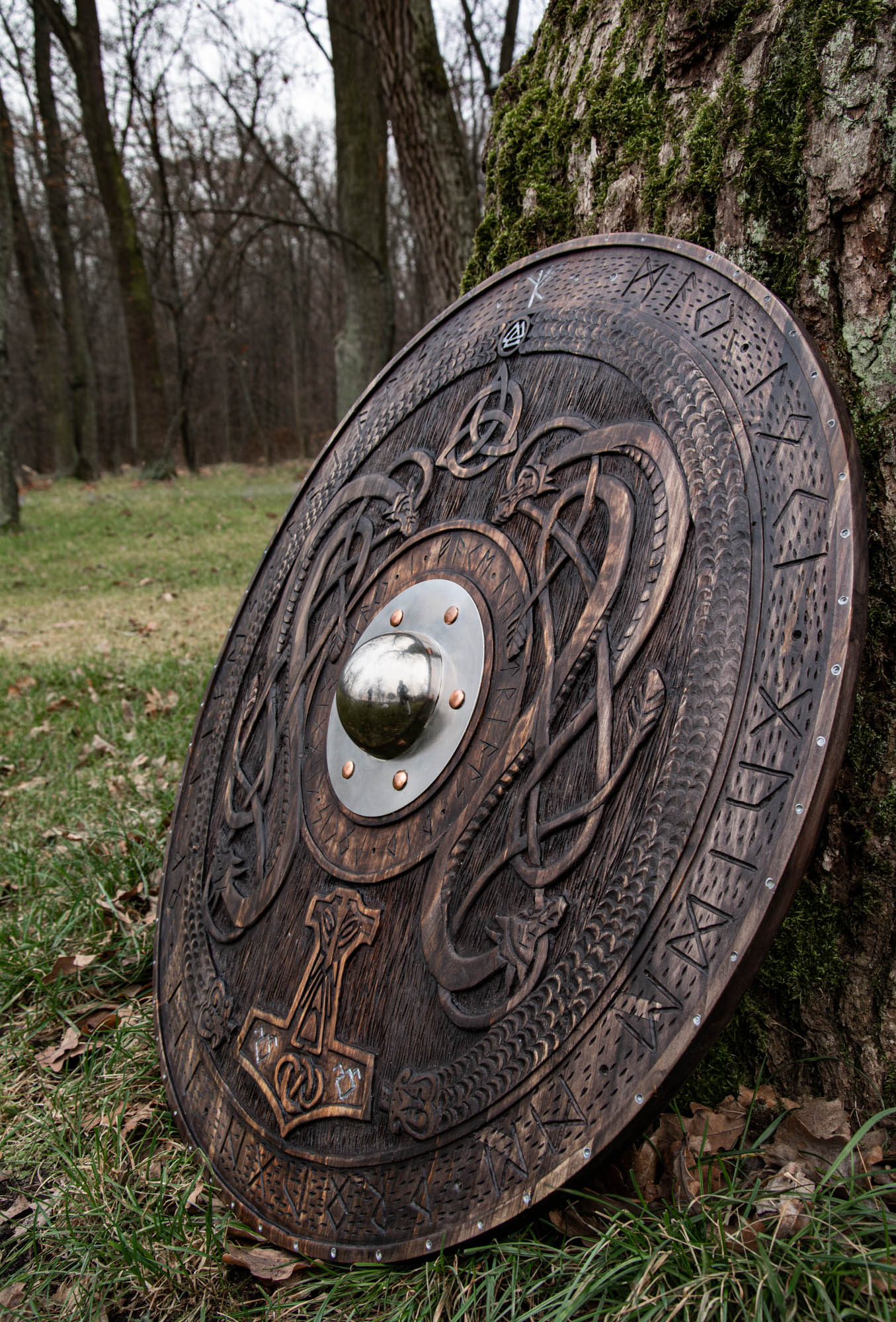 Viking shield with carved Norse Runic