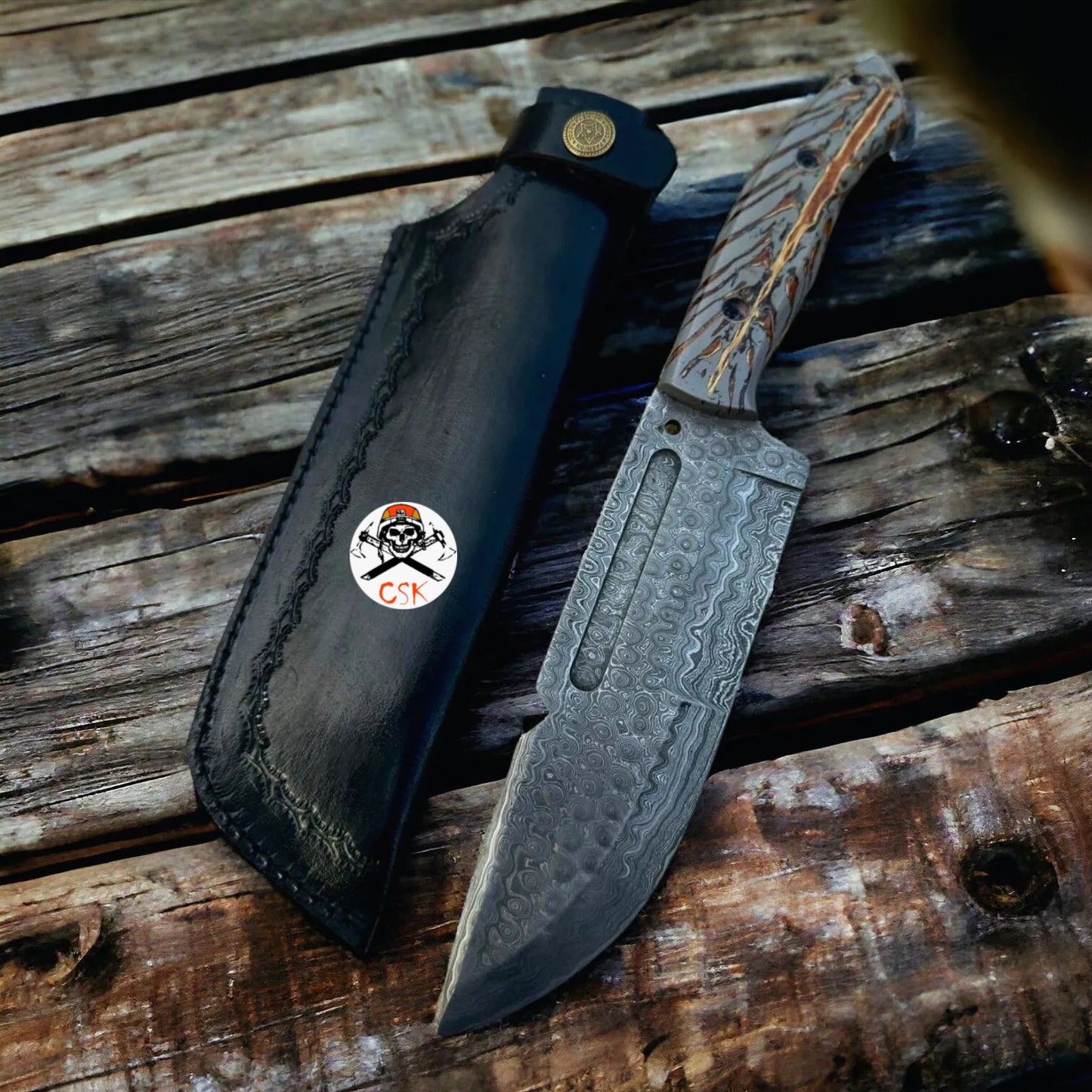 Handmade Damascus Steel Hunting & Survival Bushcraft Knife with Pine-Cone