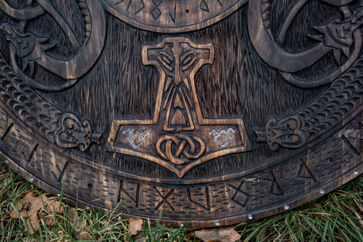 Viking shield with carved Norse Runic