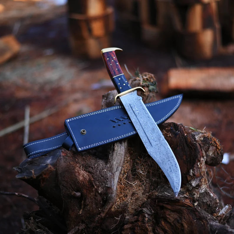 Premium Handmade Damascus Steel Rambo Knife with Brass Wood Handle & Leather Sheath