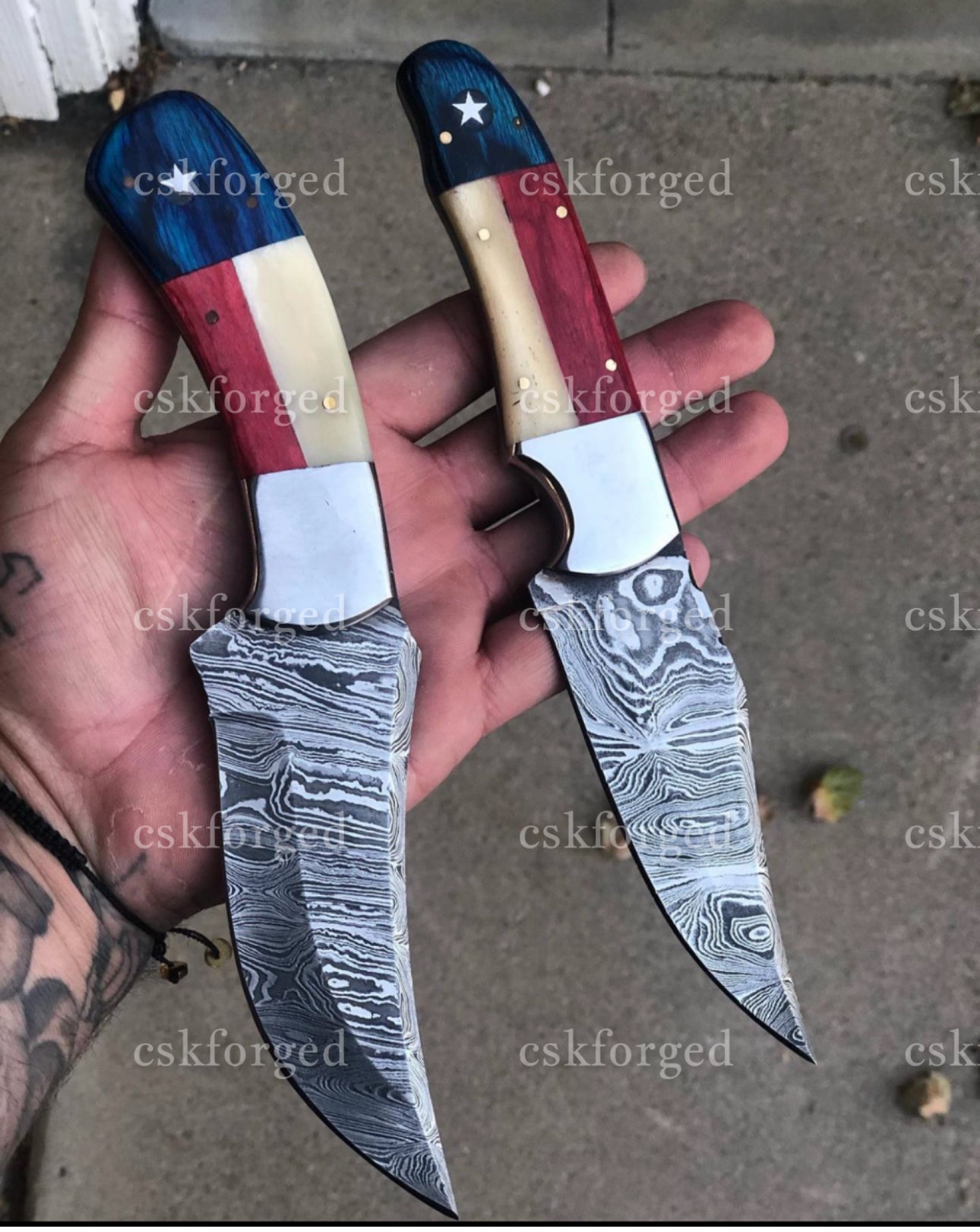 Custom Handmade Texas Flag Damascus Steel Hunting Knife | Exotic Wood-Bone Texas Flag Handle | 9 Inches | Leather Sheath
