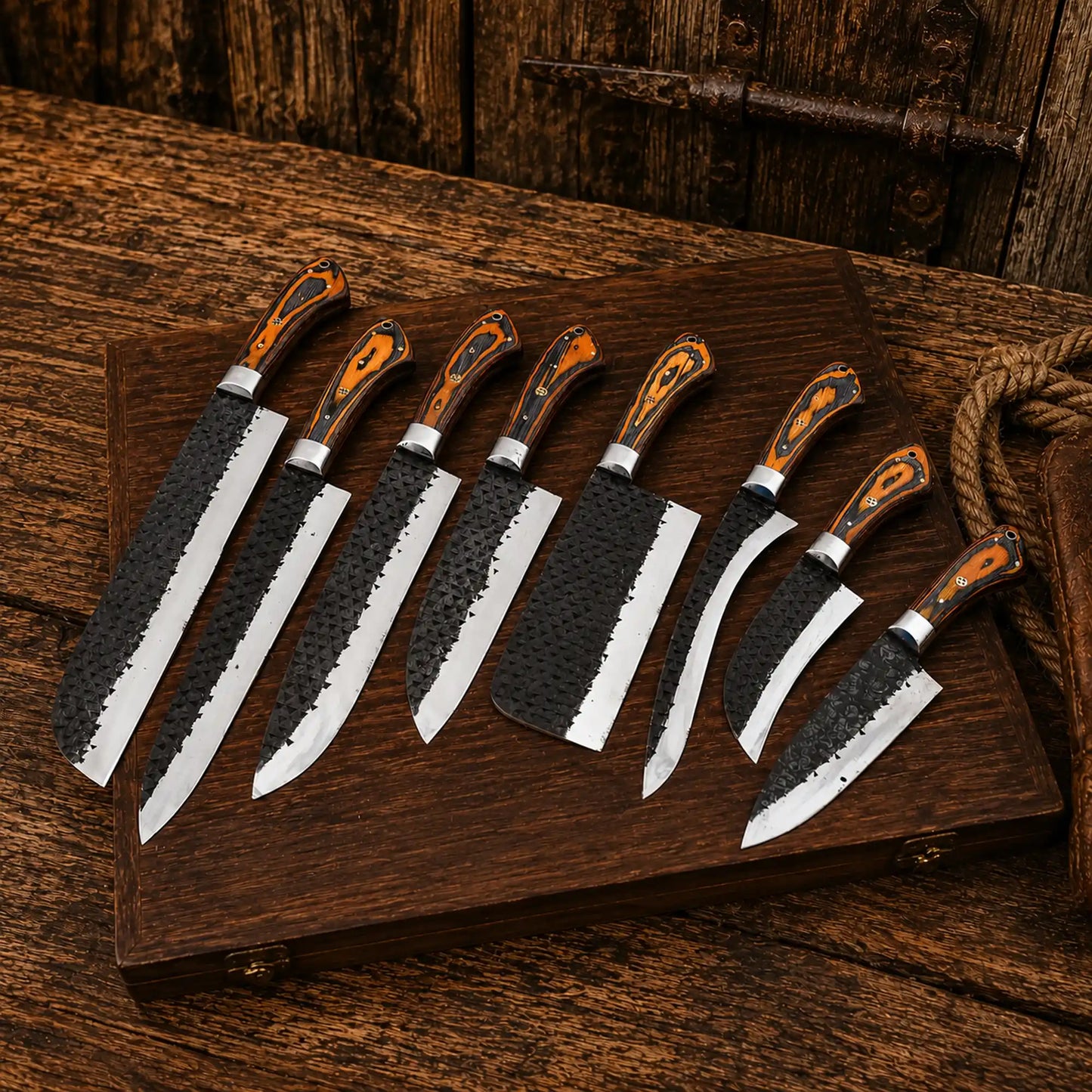 Handcrafted 8-piece carbon steel kitchen knife set featuring hand forged blades, exotic wood handles, steel bolsters, and decorative mosaic pins by CSKFORGED.
