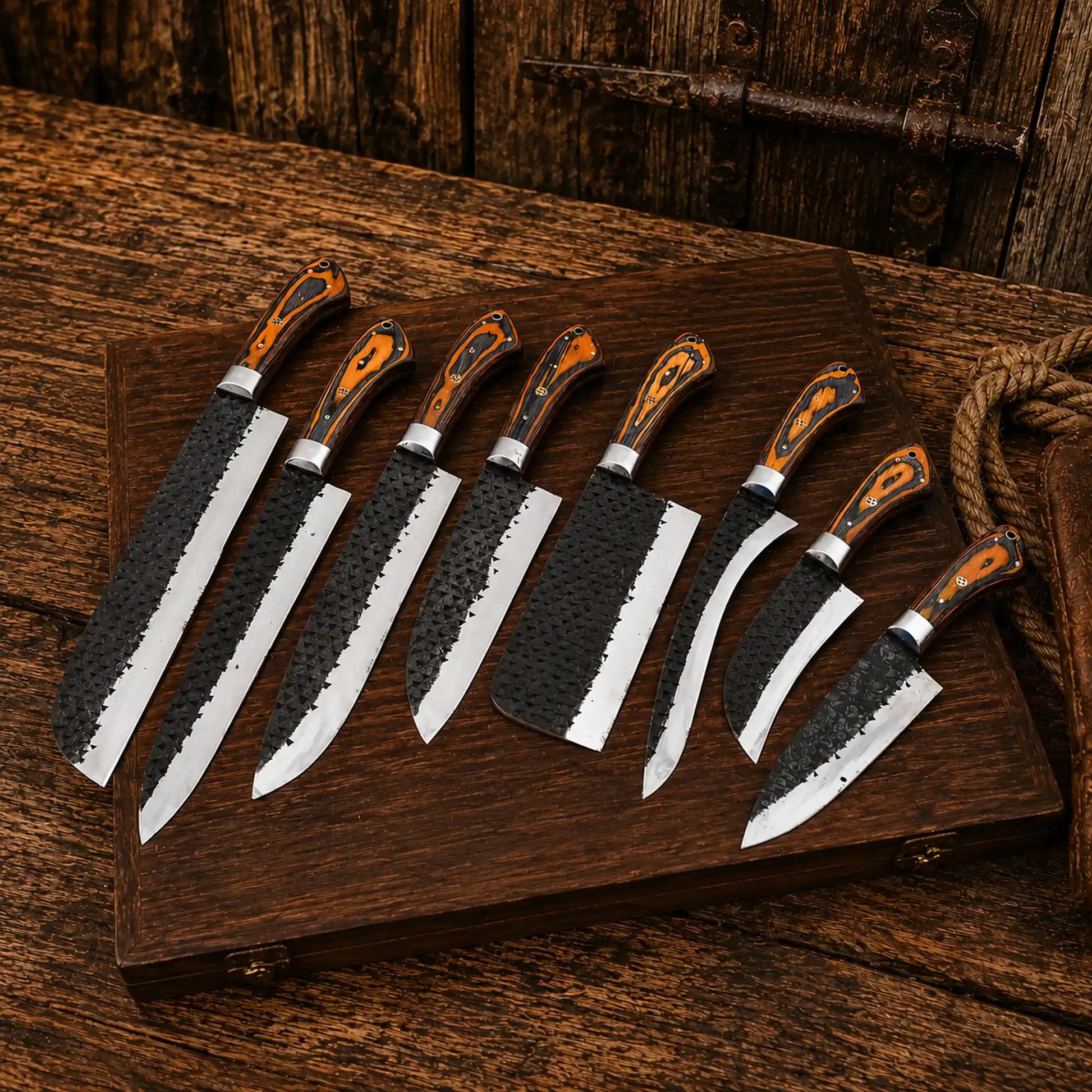 Handcrafted 8-piece carbon steel kitchen knife set featuring hand forged blades, exotic wood handles, steel bolsters, and decorative mosaic pins by CSKFORGED.