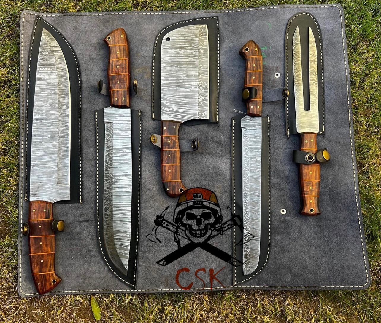Handmade Damascus steel kitchen BBQ knives set