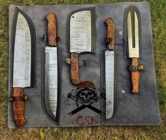 Handmade Damascus steel kitchen BBQ knives set