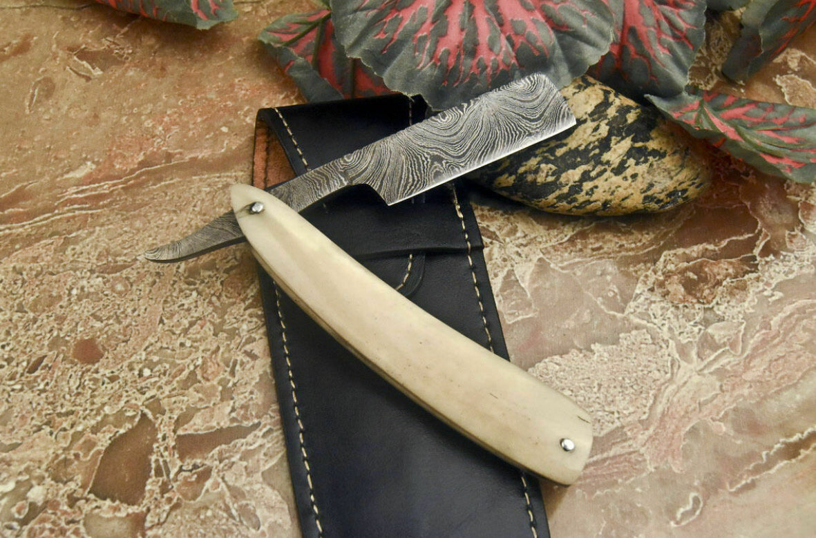 Handmade Damascus Steel Razor With Leather Sheath