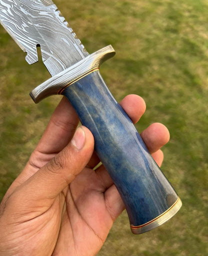 Custom Handmade Damascus Hunting Camping Knife with Stained Bone,Damascus Guard and Pommel Handle