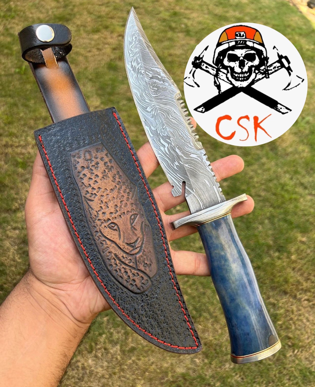 Custom Handmade Damascus Hunting Camping Knife with Stained Bone,Damascus Guard and Pommel Handle