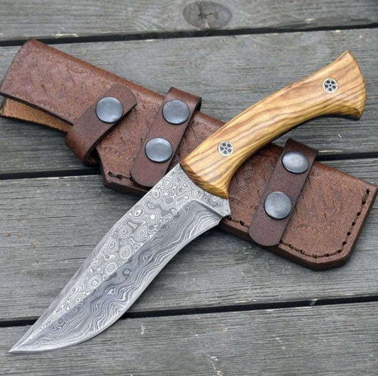 DAMASCUS Hunting KNIFE WITH EXOTIC OLIVE WOOD HANDL