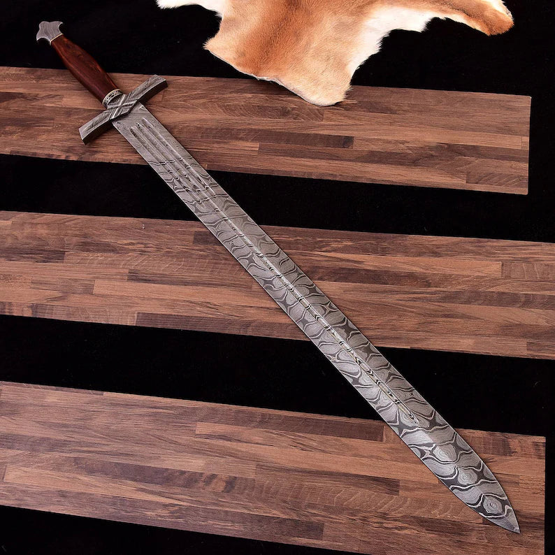 Damascus Sword with Leather Sheath (Leather Handle)Custom Handmade 39 Inches Leather Handle Sword