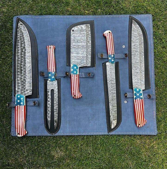 5 pieces Hand Forged Damascus steel USA Flag kitchen chef knives