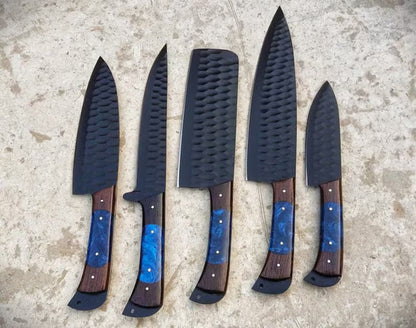 Hand Forged D2 Steel Chef Knife Set Black Powder Coated - 5-Piece Kitchen & BBQ Knives, Gifts for Him and Her, Perfect Set Of Chef Knives