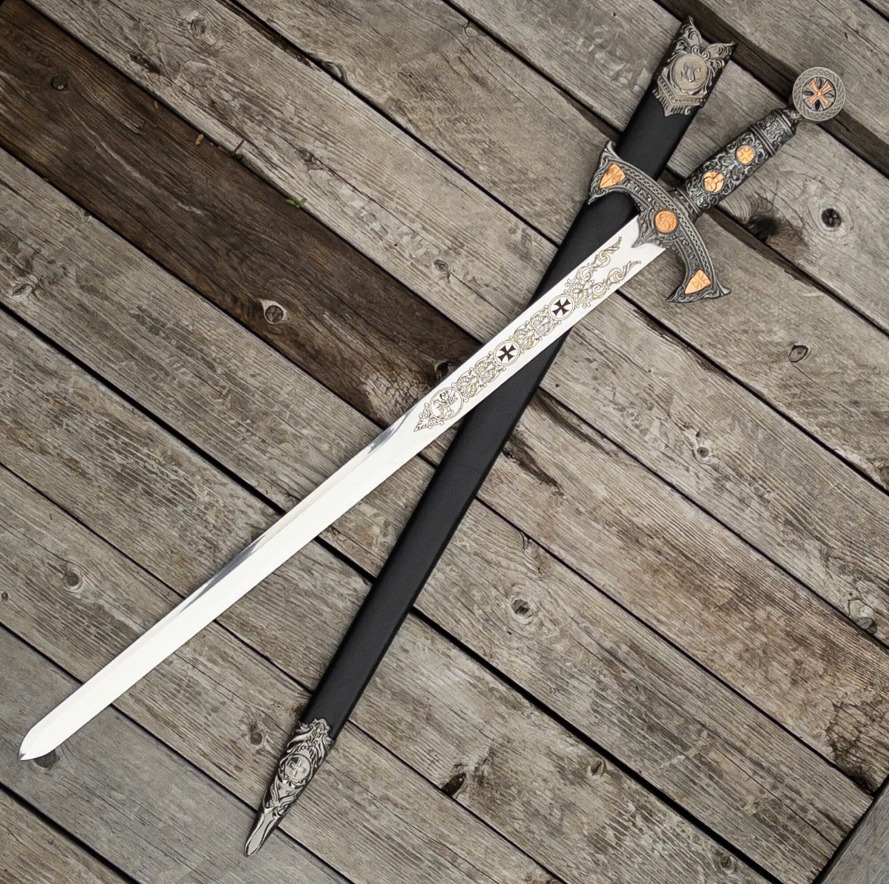 Knights Templar Crusader Decorative Sword - Medieval Inspired Stainless Steel Collectible Replica Display Sword with Scabbard